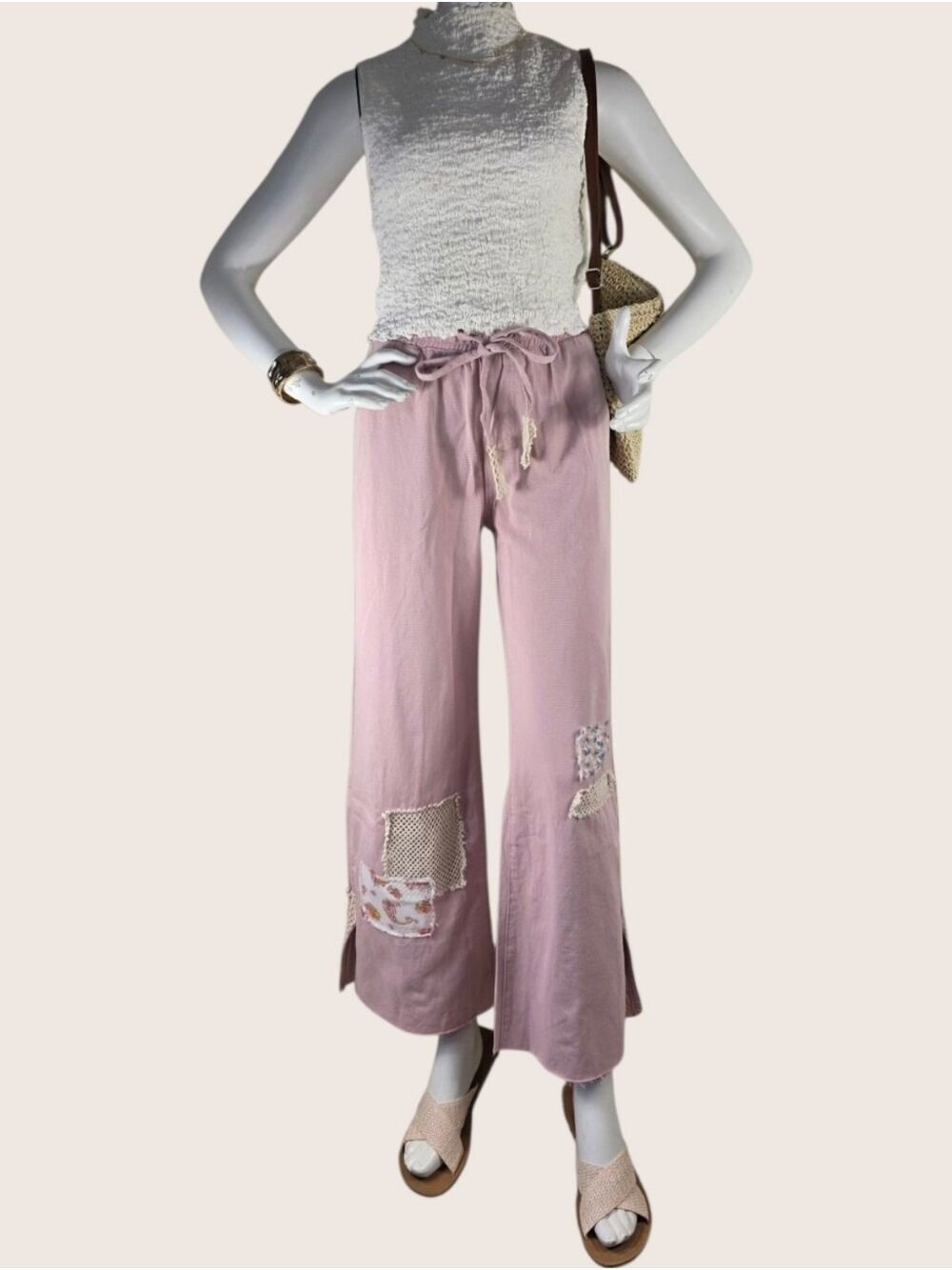 POL Bree Dusty Rose Patchwork Wide Leg Pants Boho Cottagecore Medium NIP